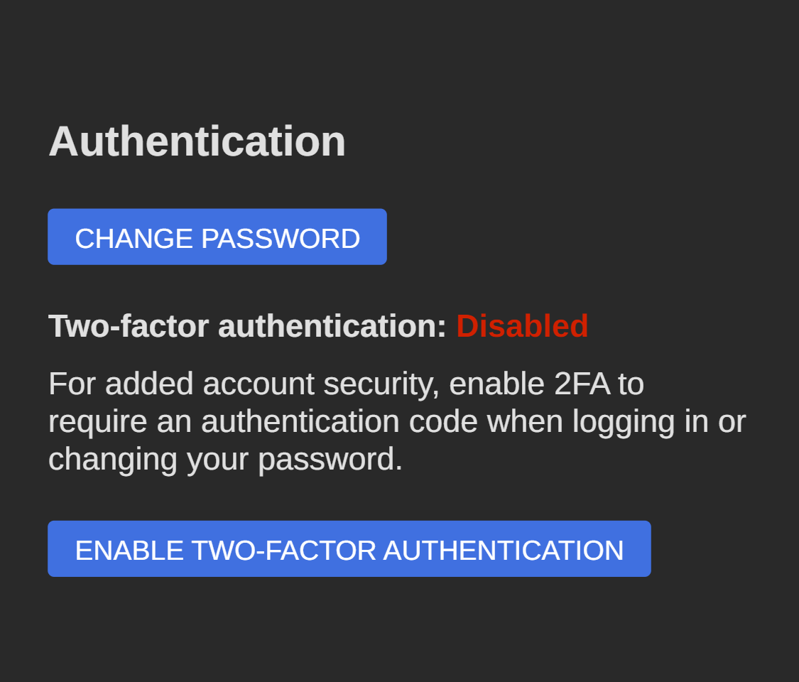 Password changes and two-factor authentication setup