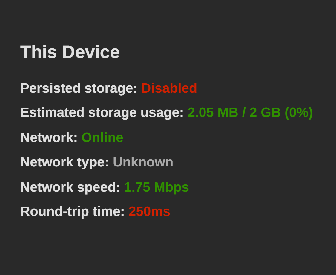 Current device storage, network information, and more