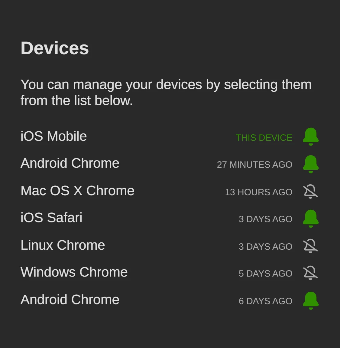 Device manager with authentication token revocation and push notification status